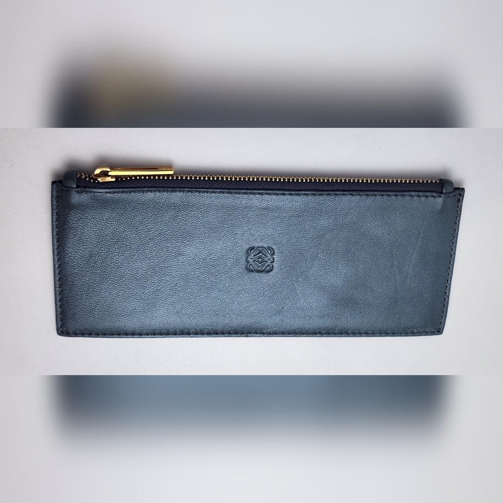 Loewe Anagram Metallic Blue Leather Zipper Pouch Pencil Multi Case Shimmer